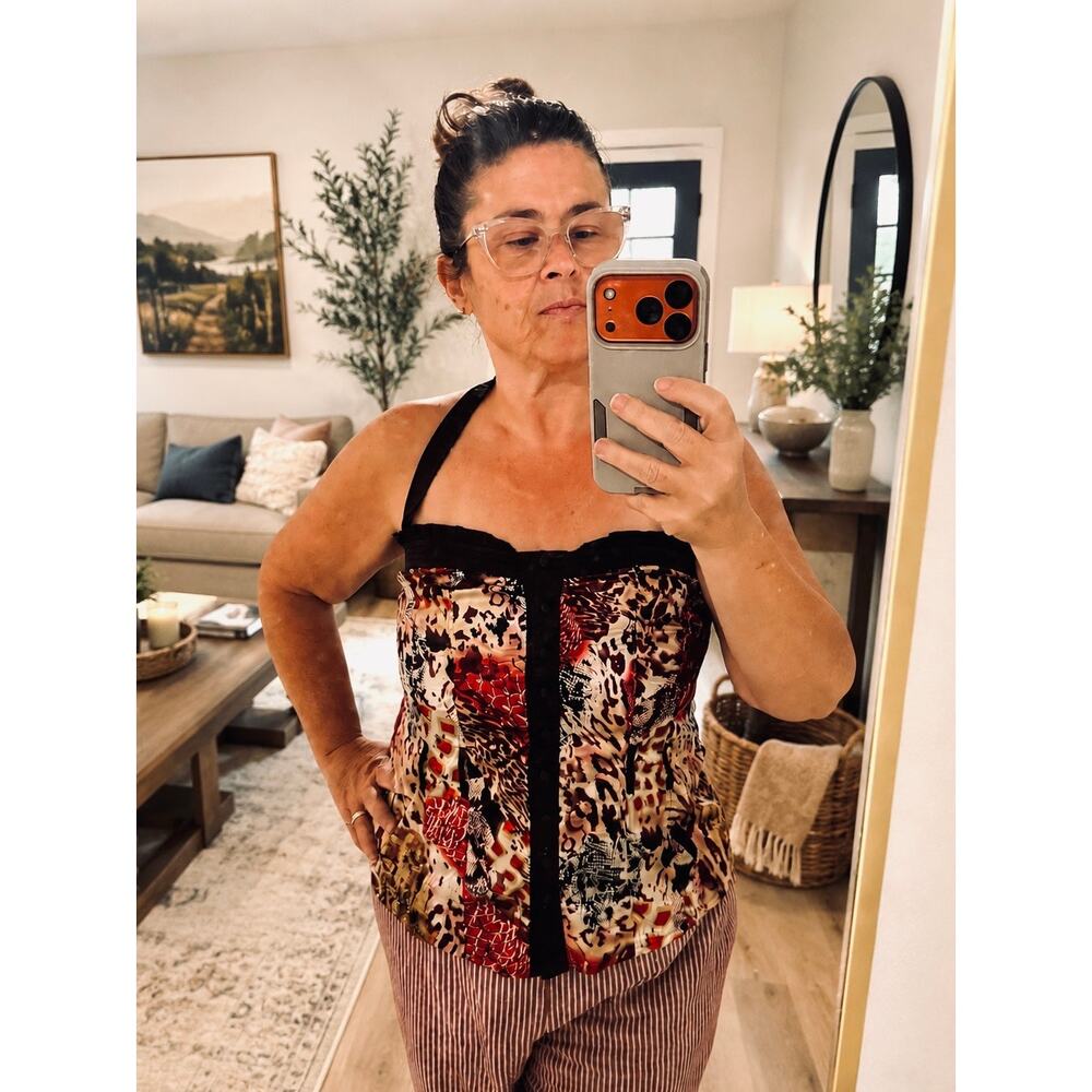 NikiBiki Halter Corset Style Top L Burgundy Animal Print Smocked Back y2k